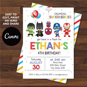 Editable Superhero Birthday Invitation, Superheroes Party, Superhero Invitation, Superheroes Invitation, Canva Template, INSTANT DOWNLOAD