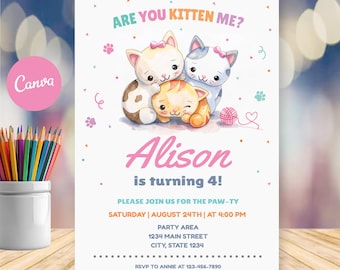 Editable Cat Birthday invitation, Kitty Birthday Invitation, Kitty party, Canva template, INSTANT DOWNLOAD
