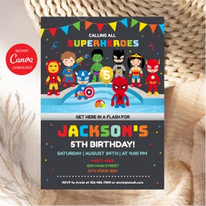Puede incluir: Una tarjeta de invitación de cumpleaños con superhéroes de dibujos animados alrededor de una piscina. El texto incluye CALLING ALL SUPERHEROES, GET HERE IN A FLASH FOR JACKSON'S 5TH BIRTHDAY, SATURDAY AUGUST 24TH AT 4:00 PM, 1234 MAIN STREET, CITY STATE 1234, RSVP to Annie.