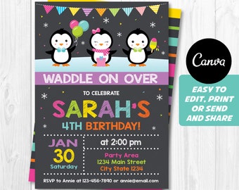 Editable, Penguins Birthday Invitation, Penguins party, Penguin invitation, Canva Template, INSTANT DOWNLOAD