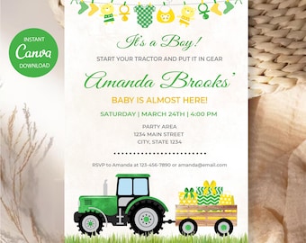 Editable Tractor Baby shower Invitation, Farmer Baby Shower, Canva Template, INSTANT DOWNLOAD