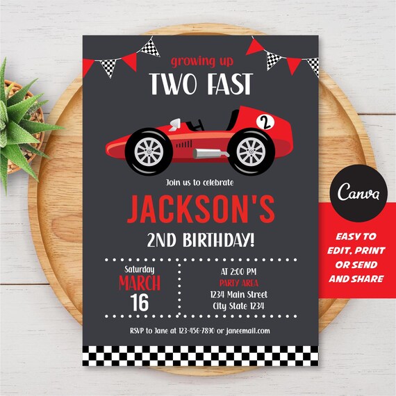 Race Car Birthday Invitation, Editable Racing Car Invitation, Two Fast Invitation, Race Car Party, Canva template, INSTANT DOWNLOAD