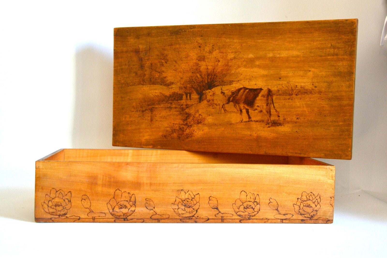 Grande Boite en Bois Pyrogravure Vintage Français