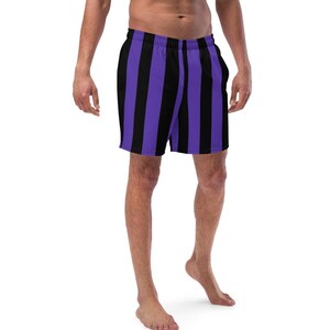 MOD MEN&#39;S SWIMWEAR - Purple and Black Striped Swim Trunks - Anti-chafe lined Men&#39;s Swim Shorts -  Quick Dry Shorts for Beach or Whatever!