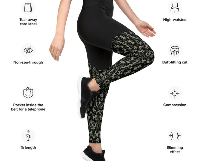 Super Mod Mini Camo Compression Sports Leggings - Camouflage Print in Army Greens w/ Black Support Waist / Butt Lift Body - Bad Ass Leggings