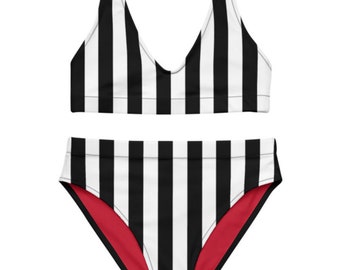 TWEEDELIG BADPAK | Bikini-badpakset | Modern badpak | Dames bikiniset | Zwart-wit gestreepte designer bikini met hoge taille