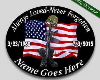 Always Loved Never Forgotten personalized memorial vinyl decal, American flag Military, in loving memory oval window sticker