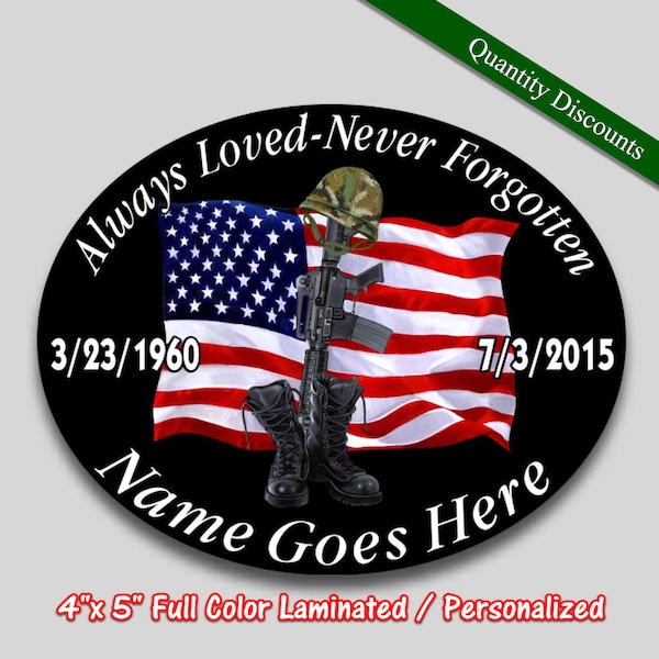 Always Loved Never Forgotten personalized memorial vinyl decal, American flag Military, in loving memory oval window sticker
