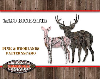 Camouflage Buck and Doe decal, camo silhouette, whitetail deer, pink camo, woodlands camo,  car, truck, SUV window sticker