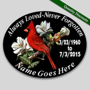 In Memory of Personalized vinyl decal Cardinal theme Always Loved Never Forgotten personalize memorial window sticker 4"x 5" Oval