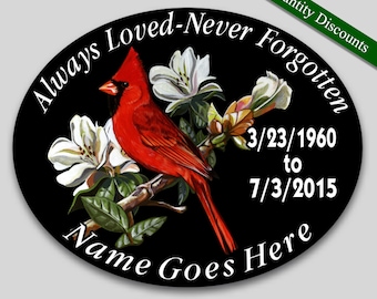 In Memory of Personalized vinyl decal Cardinal theme Always Loved Never Forgotten personalize memorial window sticker 4"x 5" Oval
