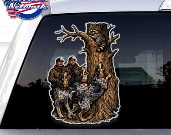 Coon Hunting Dogs Treed Racoon Vinyl Decal 7.5" x 11" sticker car truck vehicle glass will stick to any clean smooth surface