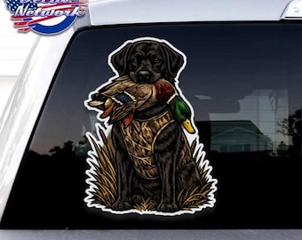 Black Lab hunting Dog Labrador Retriever holding Mallard Duck waterfowl vinyl decal Sticker car truck window full color UV Print Laminated.