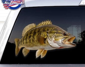 Small Mouth Bass Fish Full Color Vinyl Decal Set of 2 Facing R/L 5.7"x 9" vehicle glass will stick to any clean smooth surface
