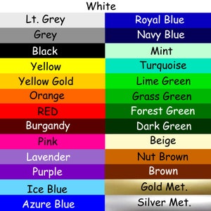 K&ouml;nnte beinhalten: Eine Farbkarte mit 20 verschiedenen Farben, darunter Wei&szlig;, Grau, Schwarz, Gelb, Orange, Rot, Burgunder, Rosa, Lavendel, Lila, Eisblau, Azurblau, K&ouml;nigsblau, Marineblau, Minze, T&uuml;rkis, Limettengr&uuml;n, Grasgr&uuml;n, Waldgr&uuml;n, Dunkelgr&uuml;n, Beige, Nussbraun, Braun, Gold und Silber.