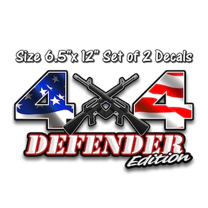 4x4, Defender Edition, AR-15, American Flag, Off Road, vinyl decal, set of 2 truck stickers, 2A