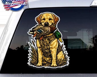 Blonde Lab hunting Dog Labrador Retriever holding Mallard Duck waterfowl vinyl decal Sticker car truck window full color UV Print Laminated.