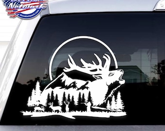 Elk hunting Outdoors Scene vinyl window decal large size