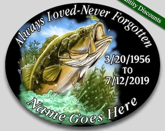 Always Loved Never Forgotten personnaliser mémorial vinyle décalque Large Mouth Bass thème de pêche 4 « x 5 » Ovale