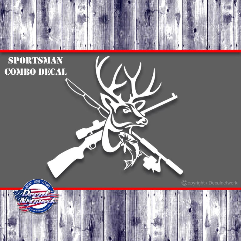 May include: White vinyl decal of a deer head with a rifle and fishing rod crossed behind it. The decal says "Sportsman Combo Decal" at the top.