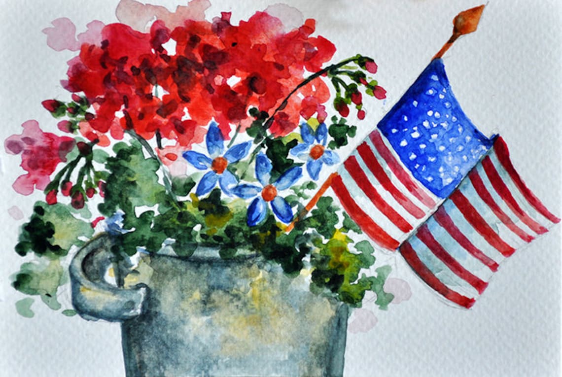 ORIGINAL Watercolor Painting Memorial Day 4th of July Card Etsy