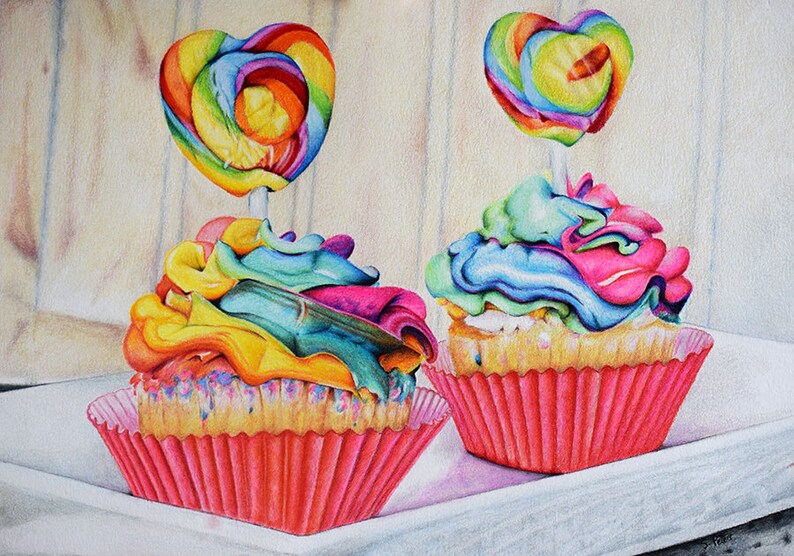Rainbow Cupcakes Original Colored Pencil Drawing Colorful Etsy