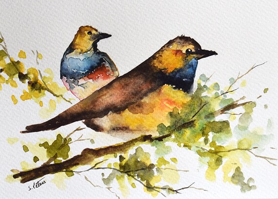 original watercolor bird painting colorful birds in a tree etsy
