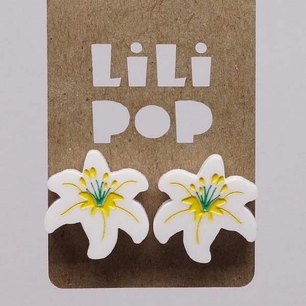 Stud earrings Lili0980 Lily white pink flower reclaimed plastic laser lilipop