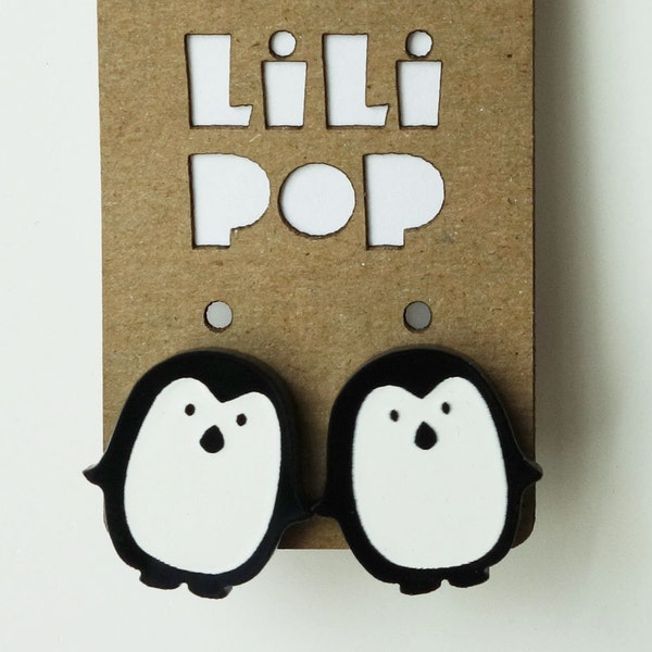 Earrings studs "Penguin" (Lili0343) engraved and lasercut recycled plastic