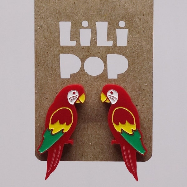 Stud earrings Lili0979 Parrot red green white cacatoes exotic bird reclaimed plastic laser lilipop