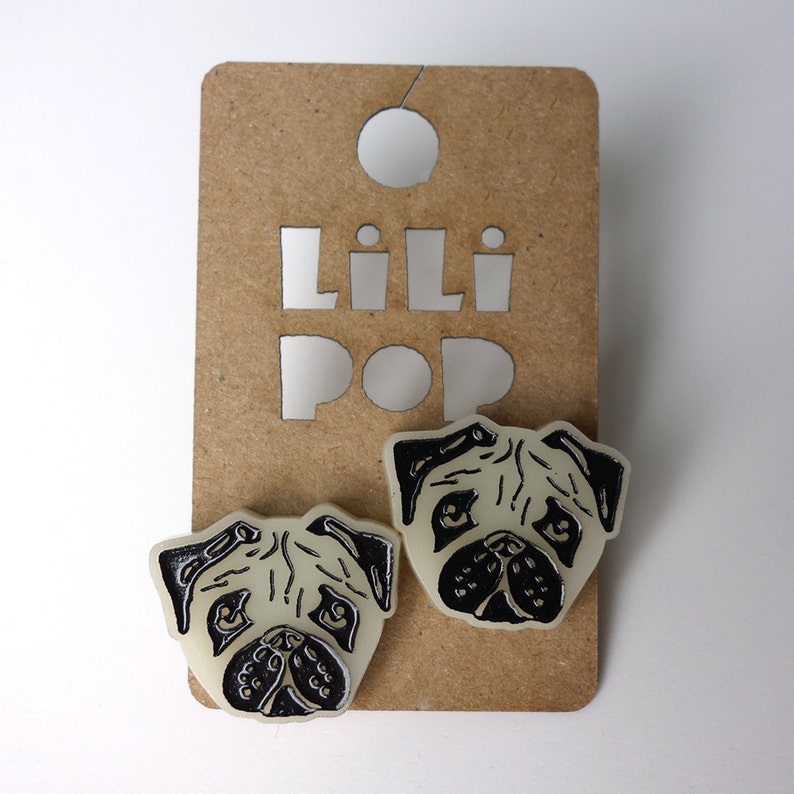 Earrings studs Pug dog Lili0349 engraved and lasercut recycled plastic image 1