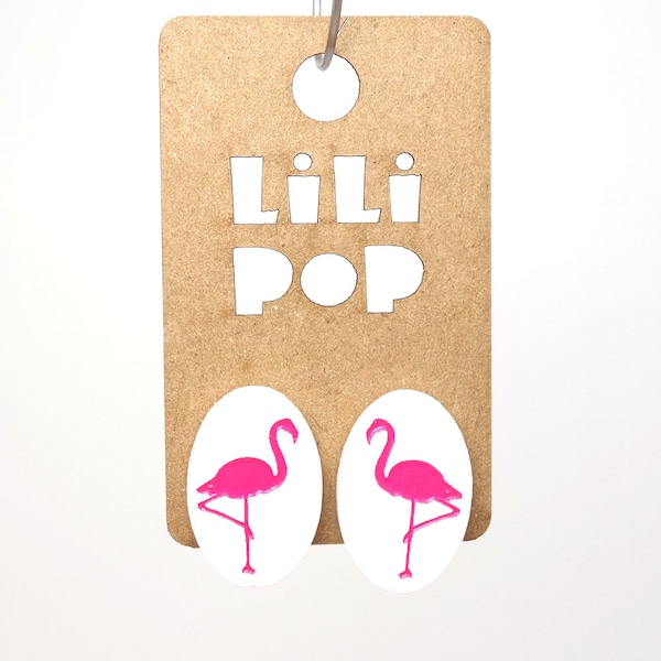 Boucles d'oreilles à clous "Flamant rose" (Lili0371) plastique récupéré, découpé et gravé au laser