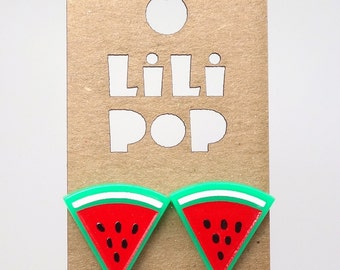 Stud earrings "Watermelon" (Lili0514) reclaimed plastic, engraved and lasercut