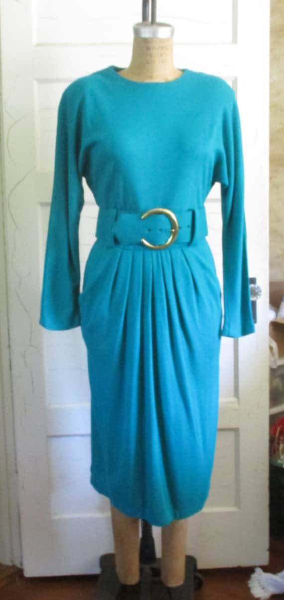 Miss Dorby Turquoise 1980's Acrylic Big Belt Knit 