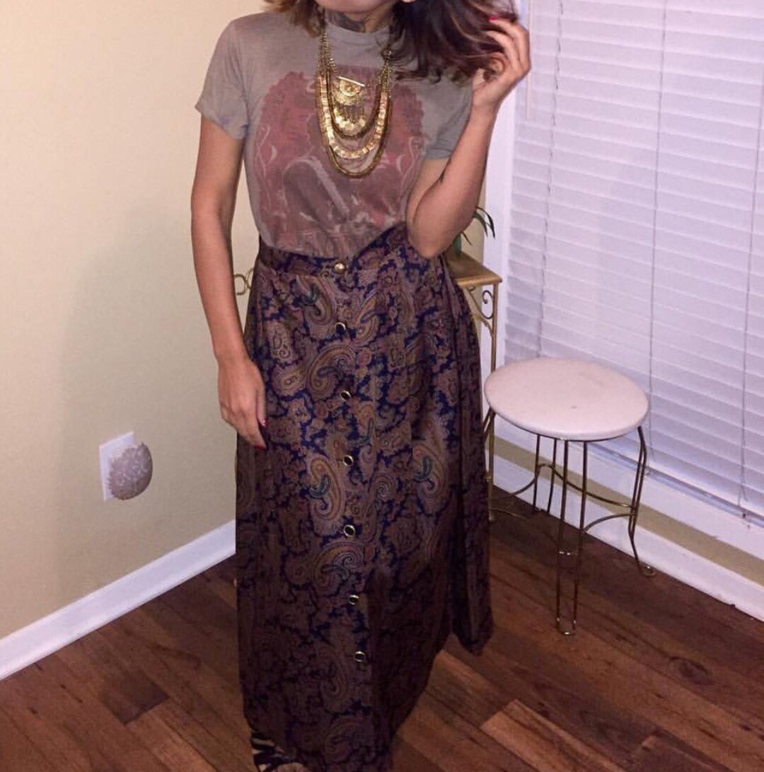 80s Vintage Paisley Wine Midi Skirt