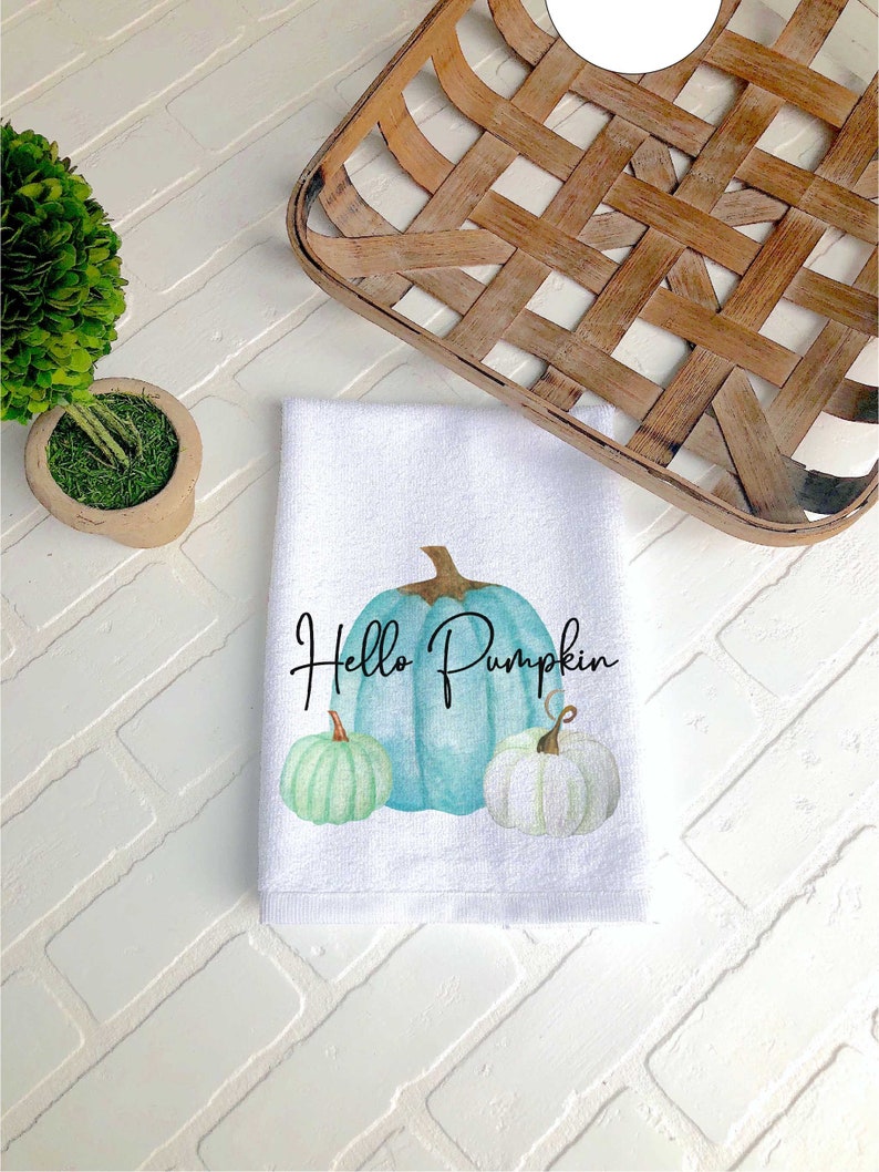 Fall Aqua Pumpkin Hand Towel Thanksgiving Kitchen Towels Etsy
