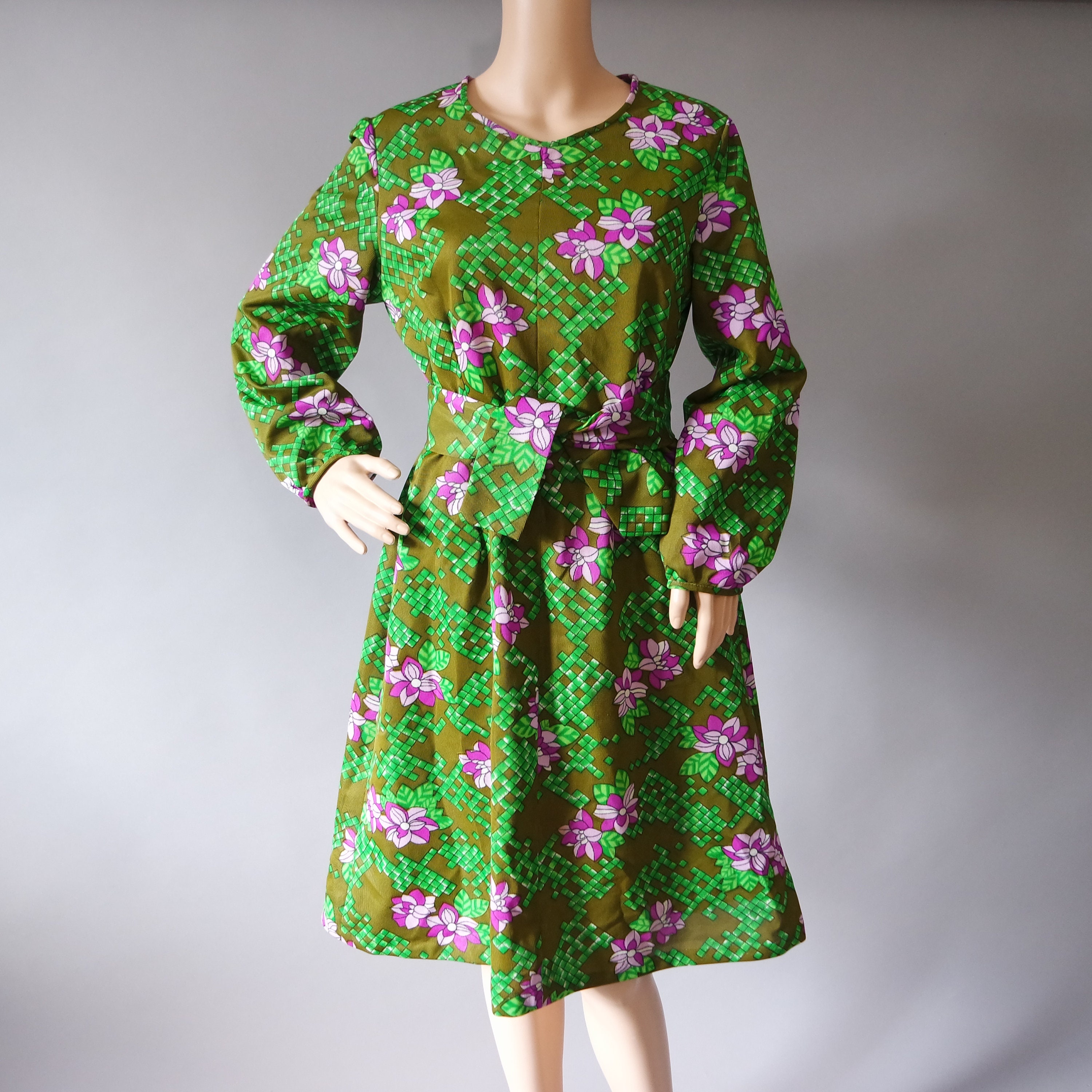 Vintage 70s Khaki Green Dress Retro Floral Dress Long Sleeve | Etsy
