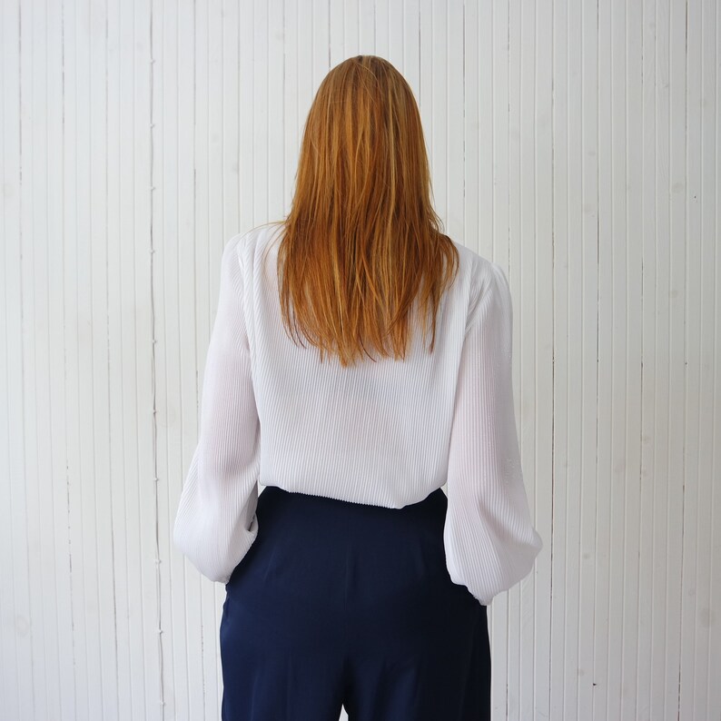 White ruffle fabric blouse Bow necklace top Pussy bow Secretary blouse Evening top Silver thread white shirt Bow tie high neck top Medium
