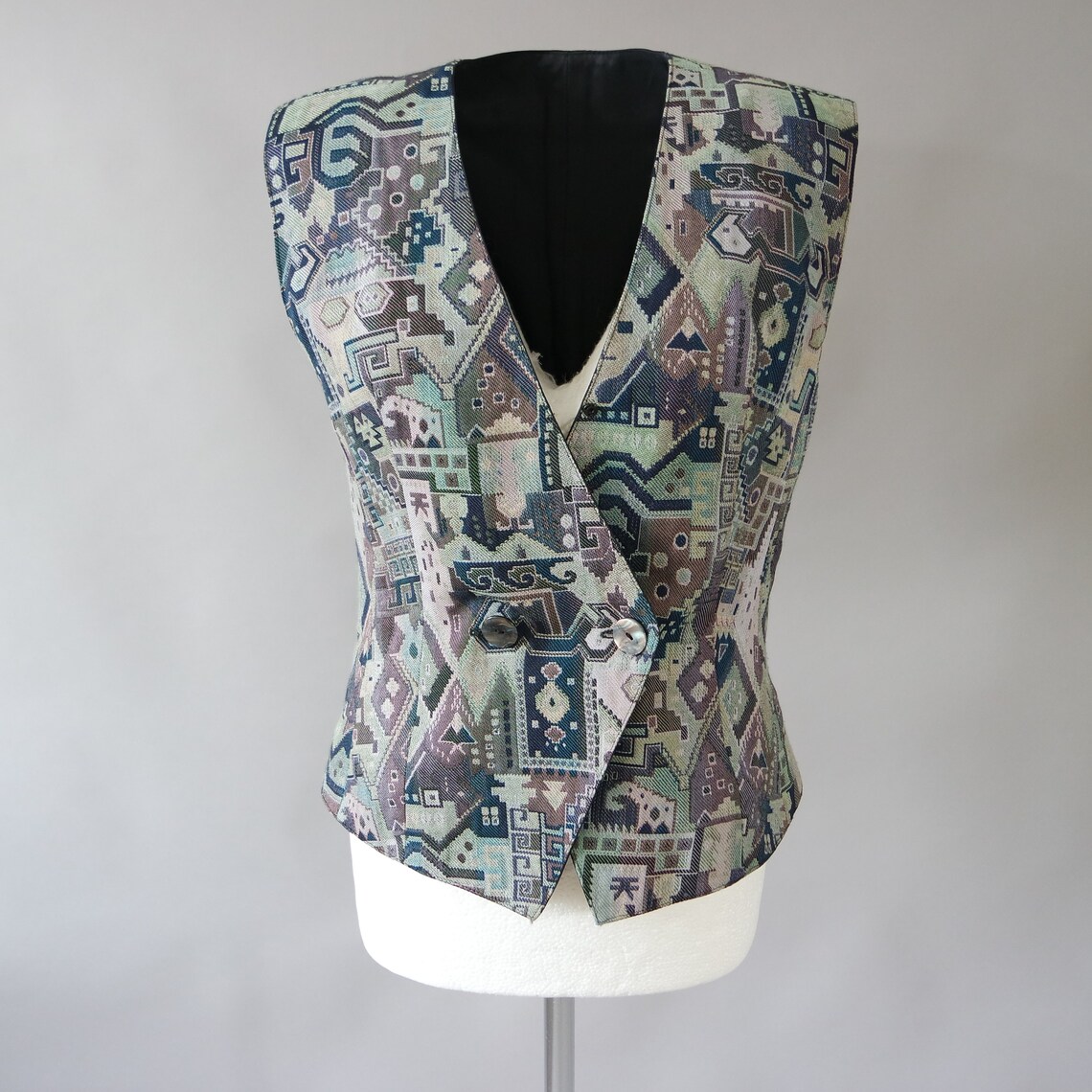 Vintage 90s Mosaic Tapestry Vest / Purple Button Waistcoat Etsy