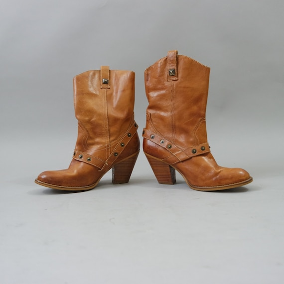 Brown Camel Leather Boots Chunky Mid Heel Boots Ta