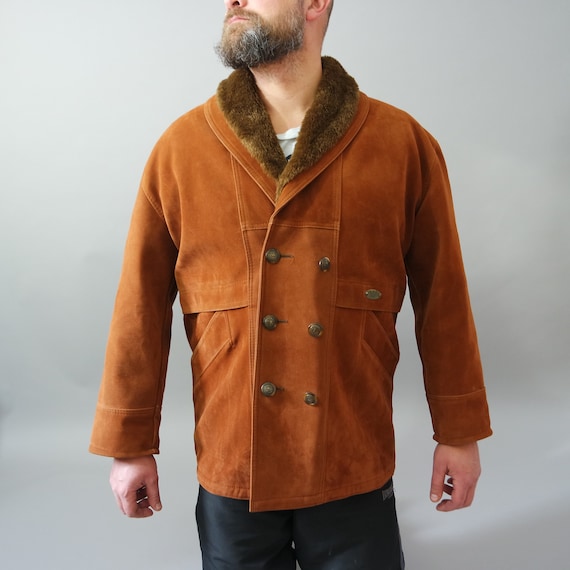 Vintage Suede Leather Coat Men Burn Orange Jacket