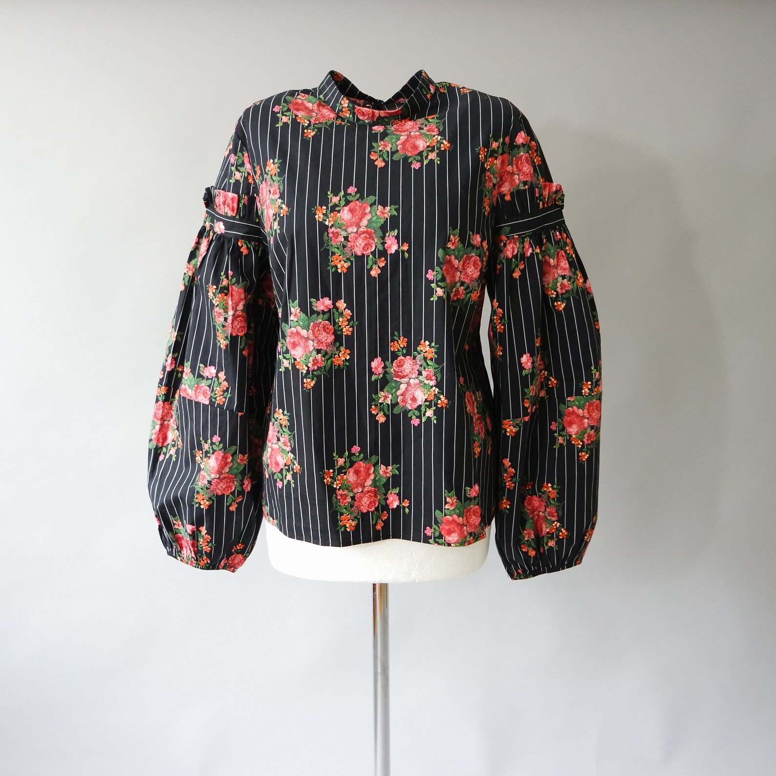 Black Striped Floral Top Medium Etsy