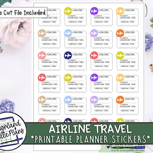 May include: A sheet of printable planner stickers with a travel theme. Each sticker features a small airplane icon and spaces to fill in airline, flight, departure, and arrival times. The text "Airline Travel *Printable Planner Stickers*" is at the bottom.