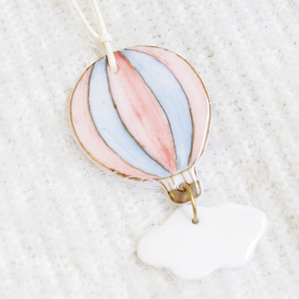 Ceramic porcelain jewellery-Handdrawn porcelain hot air balloon and cloud pendant necklace,fire balloon,white cloud,birthday Christmas gift