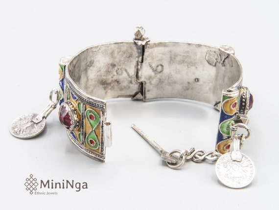 Bracelet Ancien En Argent Massif émaillé - Style Traditionnel Et Antique