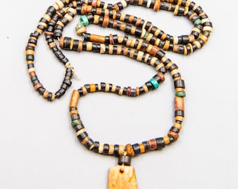Ancient Stone Bead Necklace – Turquoise, Stone & Fossil Shell Pendant – Ethnographic Necklace – Primitive Beads – Tribal Jewelry