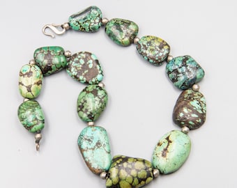Large Antique Ladakh Turquoise Necklace – Perak Turquoise Beads – Himalayan Tribal Jewelry – Silver Beads – Ethnographic Necklace