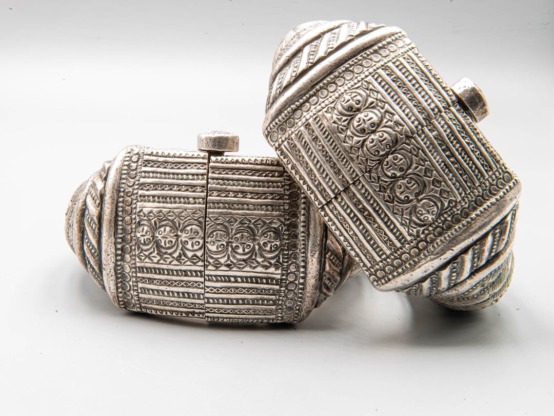 A Rare Pair of Old Omani Hinged Silver Anklets or Bracelets 648 Grams