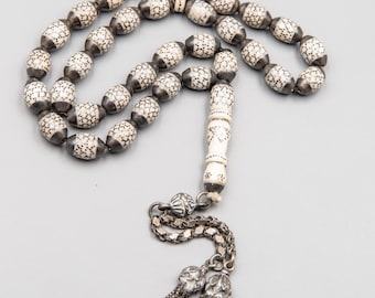 Rara masbaha de plata y hueso de camello del Alto Egipto: 33 cuentas, borla de tulipán otomana, tesbih vintage