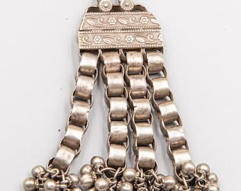 Antique Indian Silver Amulet Pendant – Large Handmade Talisman Pendant – Tribal Silver Pendant with Bells – Heavy Ethnographic Jewelry